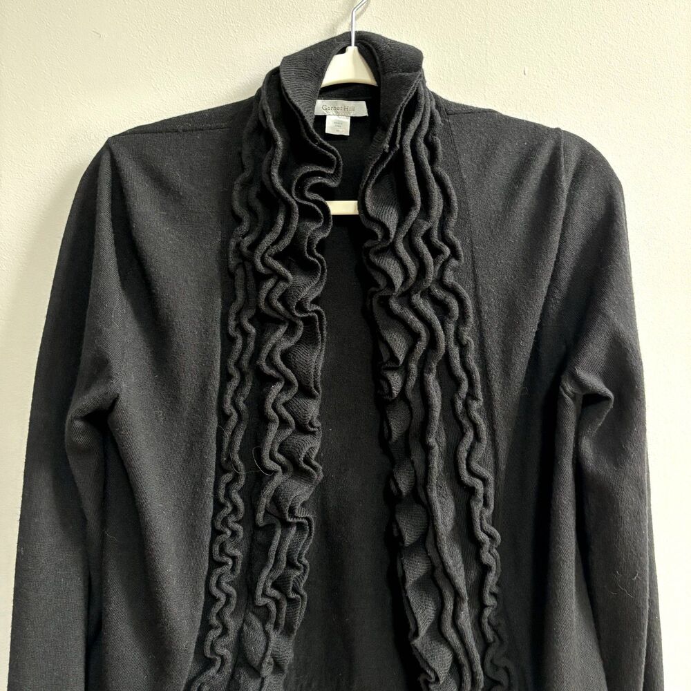 Garnet Hill 100% Merino Wool Cardigan Sweater Women's M Black Ruffle Open Front